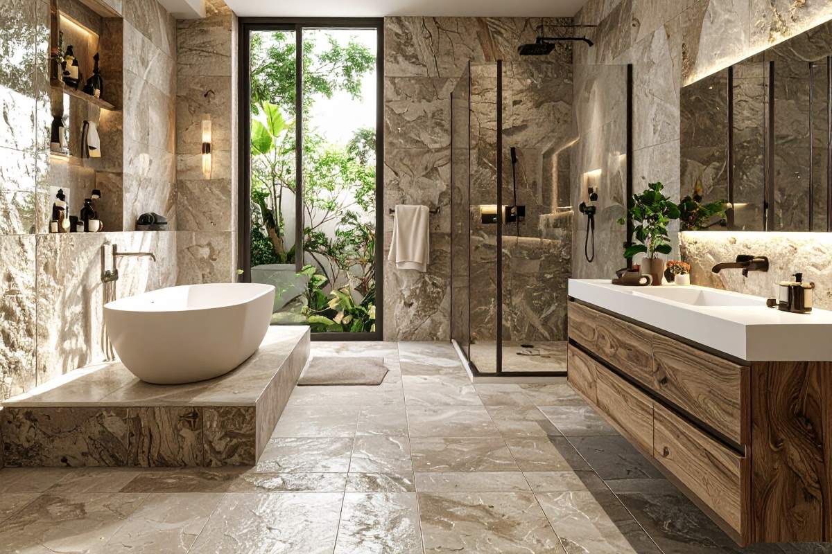 Firefly_A medium-sized modern bathroom with natural riven limestone tile flooring and walls, Flawless Flooring