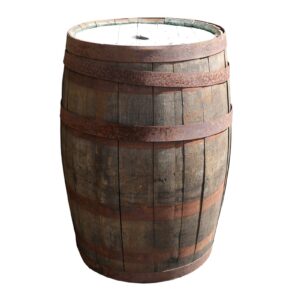 A reclaimed oak whiskey barrel with shrunken staves and loose hoops due to an extended heatwave in summer 2026