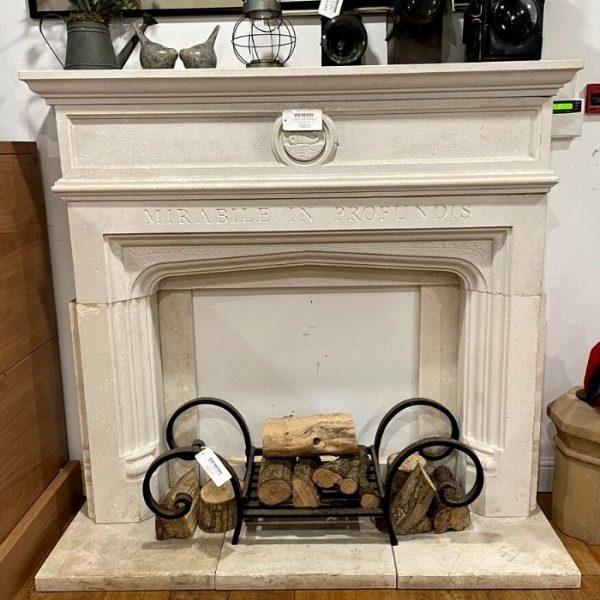 Carved Limestone Fireplace with Motif & Motto