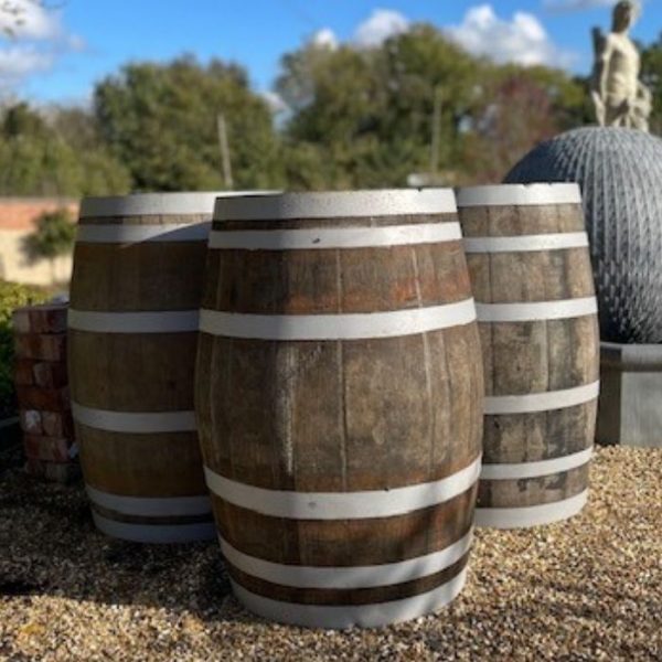 Reclaimed Oak Whisky Barrel with Painted Grey Cast Iron Banding