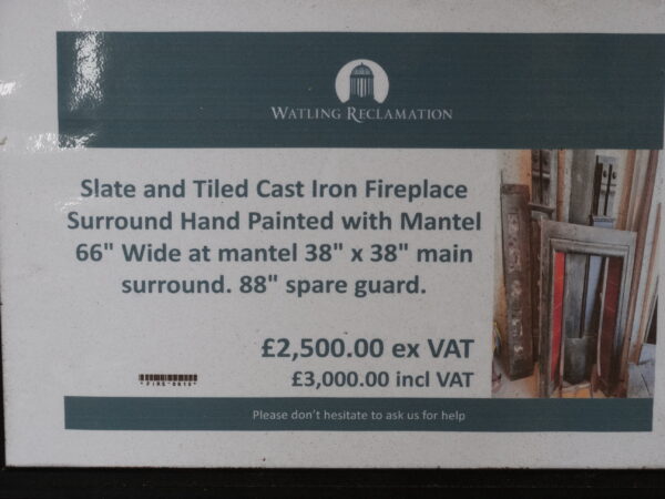 Slate and Tiled Cast Iron Fireplace Surround Hand Painted with Mantel Label Fire-0010