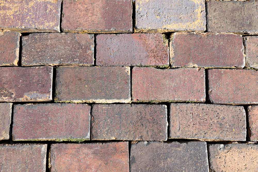 Wet Staffordshire Blue paving bricks showing smooth worn faces and weathered patina, recovered from a large garden near Tiffield, Northamptonshire