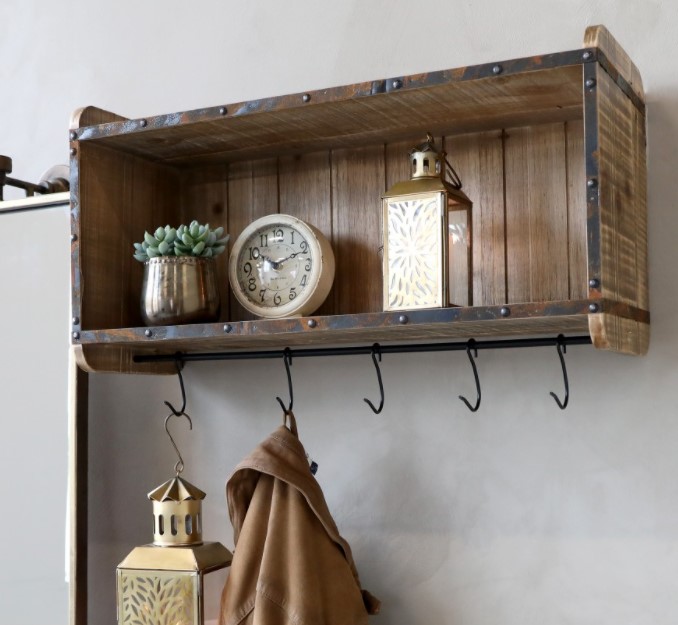 Rustic Wooden Shelf with Hooks Underneath Watling Reclamation