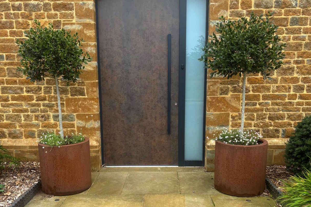 A fully weathered pair of CorTen steel cylindrical planters by Weather It, set as entranceway markers and planted with olive trees
