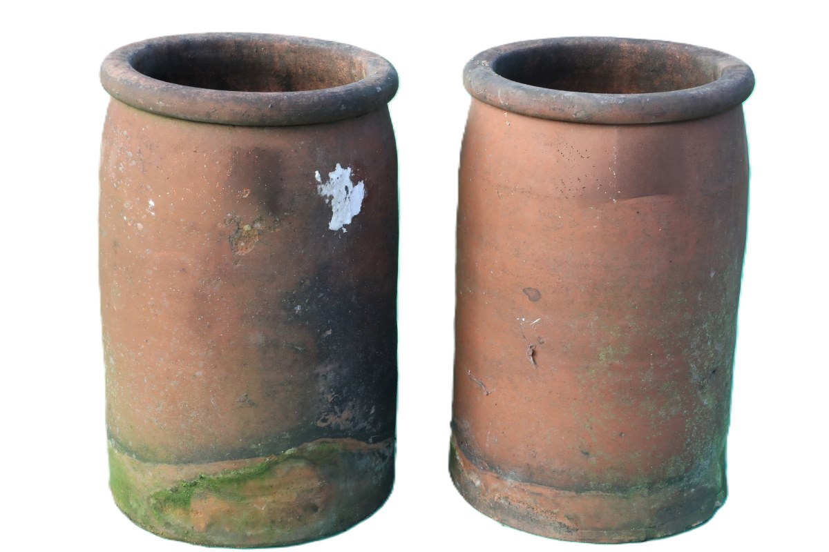 Pair of Terracotta Roll Top Chimney Pots 2 ROOF-0306