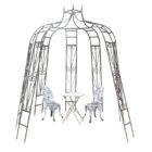 Antique octagonal gazebo showing an aged patina and unique structure.
