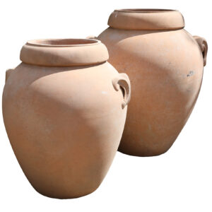 Handmade Italian terracotta jars with handles and an aged finish from Tuscany