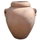 Handmade terracotta jar with handles and an aged finish from Tuscany, Italy.