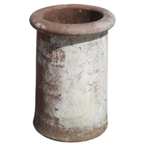 A reclaimed red roll top chimney pot showing discolouration and a historic coat of white paint on one side.