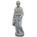 An elegant statue of a woman holding a jug, showing a beautifully weathered patina