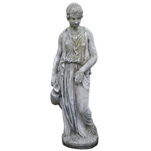 An elegant statue of a woman holding a jug, showing a beautifully weathered patina