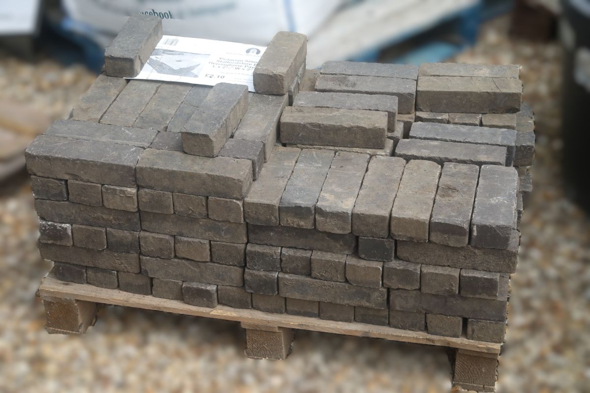 reclaimed Victorian Staffordshire Blue Pavers laid out in a classic herringbone pattern 6 RPAV-0141