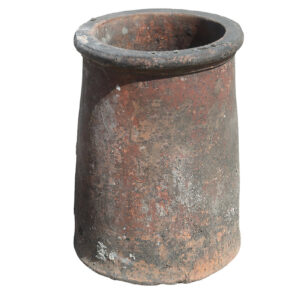 A small, heavily weathered red roll top chimney pot standing 15 inches tall