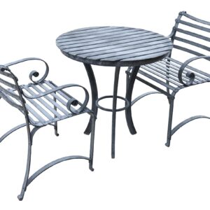 This bistro set of table and 2 chairs is hot zinc dipped for durability and will develop a fine patina over time.