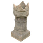 A reclaimed buff earthenware chimney pot with a crown top, showing an age worn patina and one broken palisade, or point