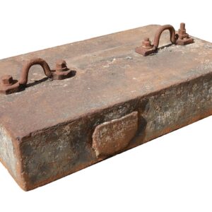 A 3 ton vintage cast iron calibration weight marked with the imperial equivalent weight and showing a fantastic patina