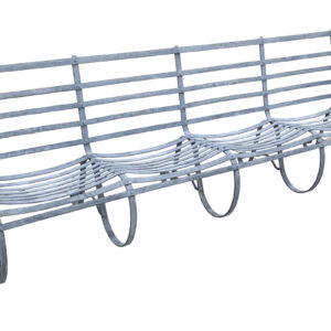 The impressive four seater zinc plated garden bench from The Suffolk Collection, showing the hand etched finish and elegant scrollwork