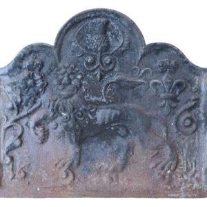 An antique cast iron fire back featuring a Lion Passant and the date 1644 in commemoration of the Battle of Marston Moor where combined Scottish and Parliamentarian forces defeated the Royalists in the North of England.