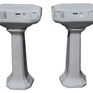 Reclaimed cloakroom basin and pedestal set by Heritage, a perfect size for smaller en-suites and downstairs toilets