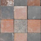 Reclaimed red and blue 6" quarry tiles showing an aged patina that offers a rustic aesthetic