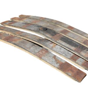 Reclaimed whisky barrel staves showing the natural curve and a weathered patina of age and iron hoops
