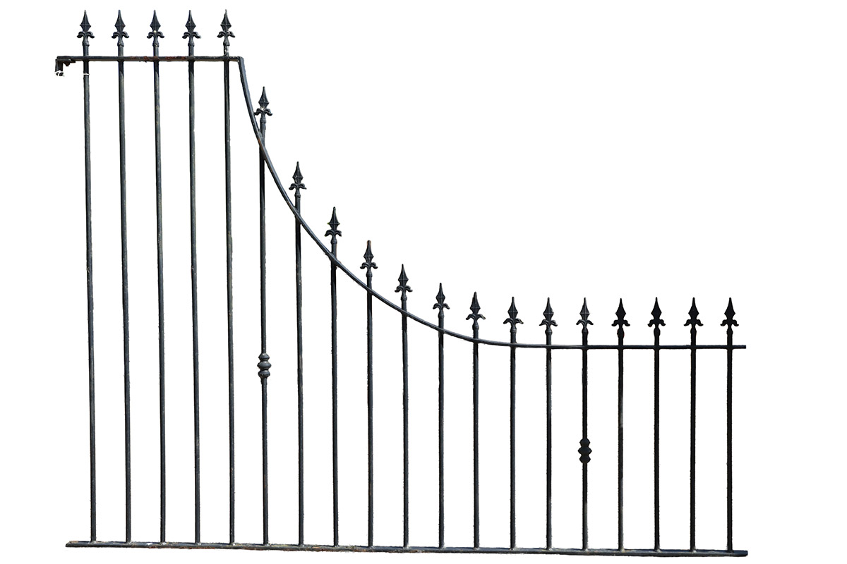 Spear Top Concave Railing Section 1 IRON-0167 A concave section of spear top railings with a weathered patina of peeling paint and surface corrosion