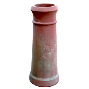 A tall, reclaimed, terracotta chimney pot with a cannon top and weathered patina