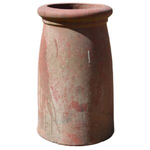 A reclaimed terracotta pepper pot chimney pot with a rolled rim and visible weathering