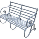 A zinc plated 2 seater garden bench with elegant scrollwork armrests and legs and curved seat and back.