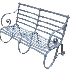 A zinc plated 2 seater garden bench with elegant scrollwork armrests and legs and curved seat and back.