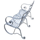 A zinc plated 2 seater garden bench with elegant scrollwork armrests and legs and curved seat and back.