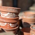 A collection of small vintage terracotta flower pots with a fabulous patina, looking great as a potscape