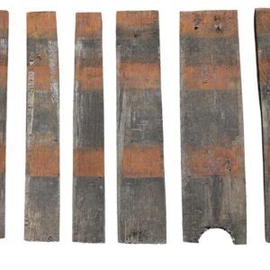 Reclaimed whisky barrel half staves showing the individual sizes and unique weathered patina