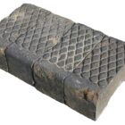 A row of reclaimed blue diamond pattern bullnose steps showing a fabulous patina and weathering.
