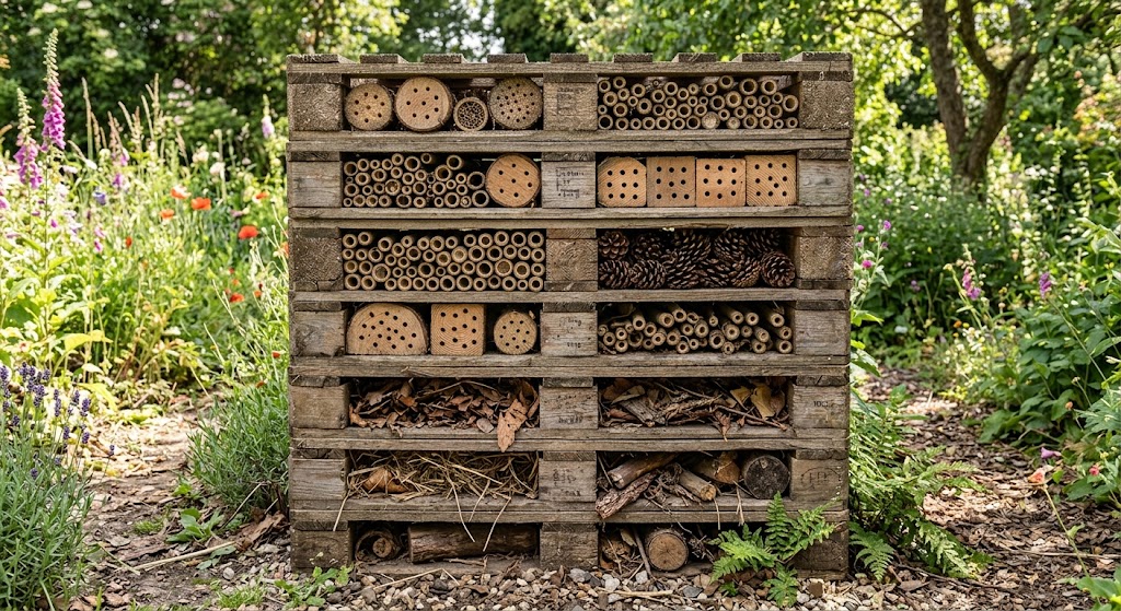 A sustainable, multi layered bug hotel of reclaimed pallets, bamboo and old logs drilled to accommodate a wide variety of fauna in the garden over the Autumn and Winter