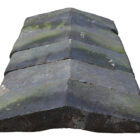 A short run of reclaimed bullnose edge saddleback wall copings showing the shallow pitch and a light patina of aged discolouration, lichen growth and green algae.