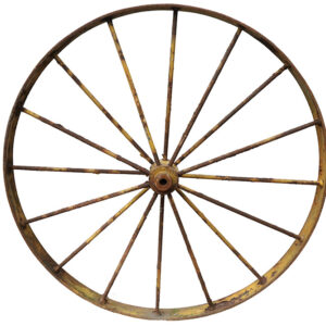 Reclaimed iron wagon wheels with a fabulous weathered patina of peeling paint and surface corrosion