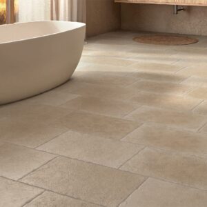 A fabulous interior floor created with Taxos Sand finish porcelain paving from Spain, emulating a fine Egyptian limestone floor.
