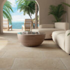 A fabulous interior/exterior floor created with Taxos Sand finish porcelain paving from Spain, emulating a fine Egyptian limestone floor.