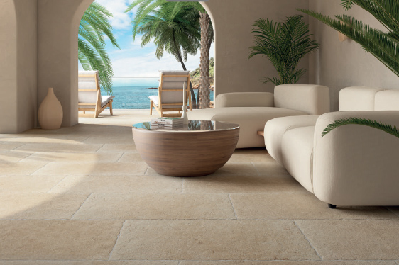 A fabulous interior/exterior floor created with Taxos Sand finish porcelain paving from Spain, emulating a fine Egyptian limestone floor.