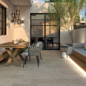This tumbled Spanish porcelain paving brings a warmth and comfort to interior floors with the Juliette Piedra colourway and tumbled finish