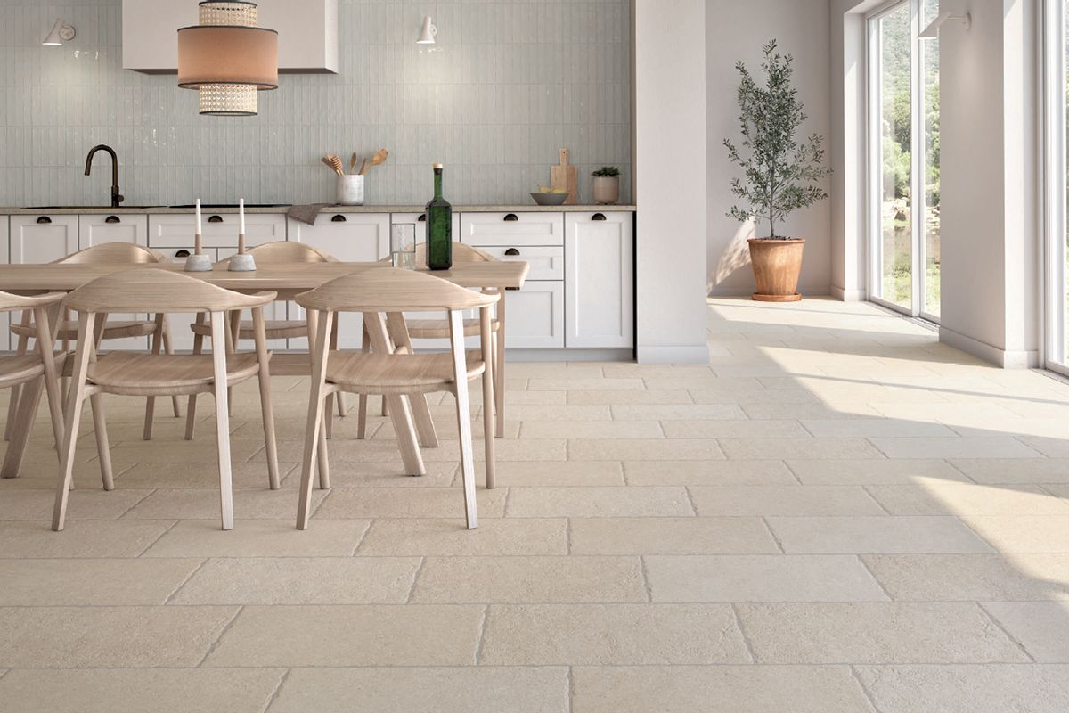 Spanish porcelain paving in Sinai Pearl finish that accurately emulates Egyption limestone paving, proves perfect for both interior and exterior use