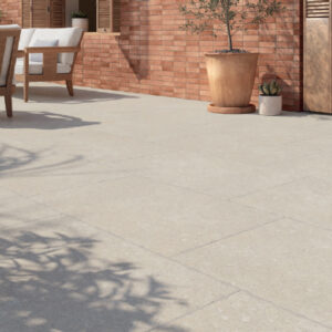 Spanish porcelain paving in Sinai Pearl finish that accurately emulates Egyption limestone paving, proves perfect for both interior and exterior use