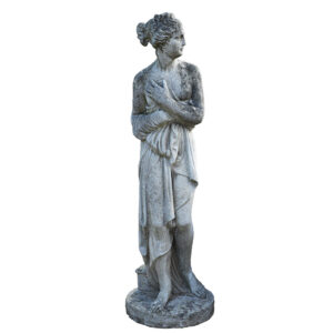 A reclaimed composite stone statue of Pandora with an authentic weathered patina of lichen and organic discolouration