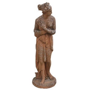 A heavily weathered statue of Pandora in a fabulous terracotta finish