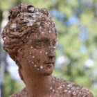 Detail of a heavily weathered statue of Pandora in a fabulous terracotta finish