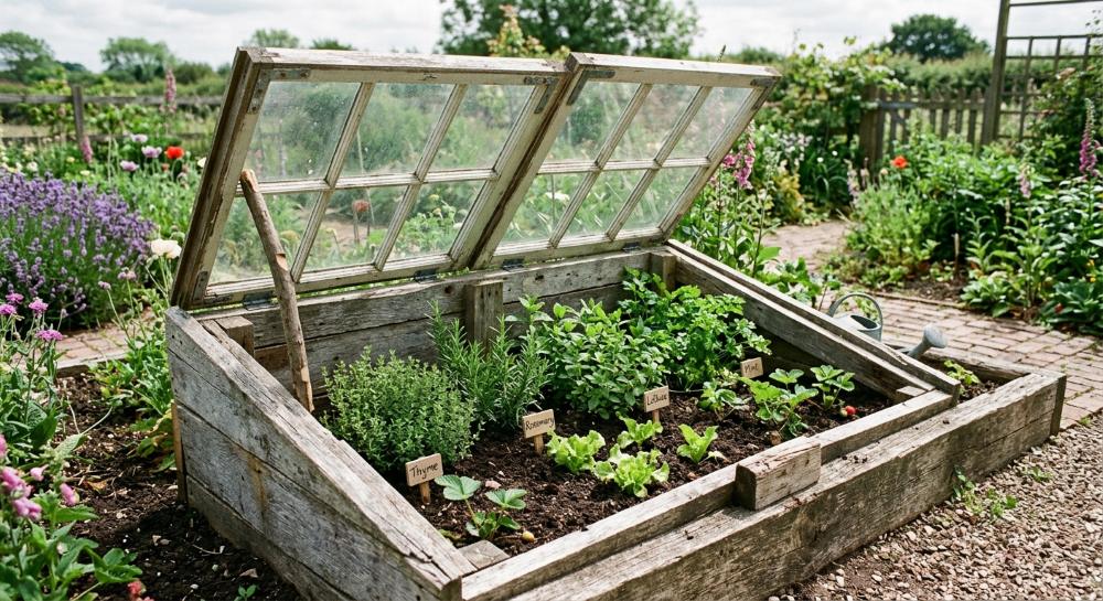 A sustainable cold frame made of reclaimed windows and scaffold boards, protecting herbs and vegetables from the winter weather