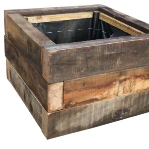 A bespoke hand crafted planter made from unused, seasoned oak sleepers, showing a fabulous patina and rich grain texture