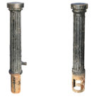 A reclaimed set of 10 cast iron fluted bollards with both removable and fixed items and an authentic aged patina of flaking black pint and surface corrosion