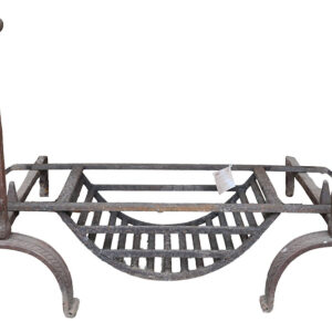 A reclaimed wrought iron Inglenook fire basket and fire dogs with authentic surface patina